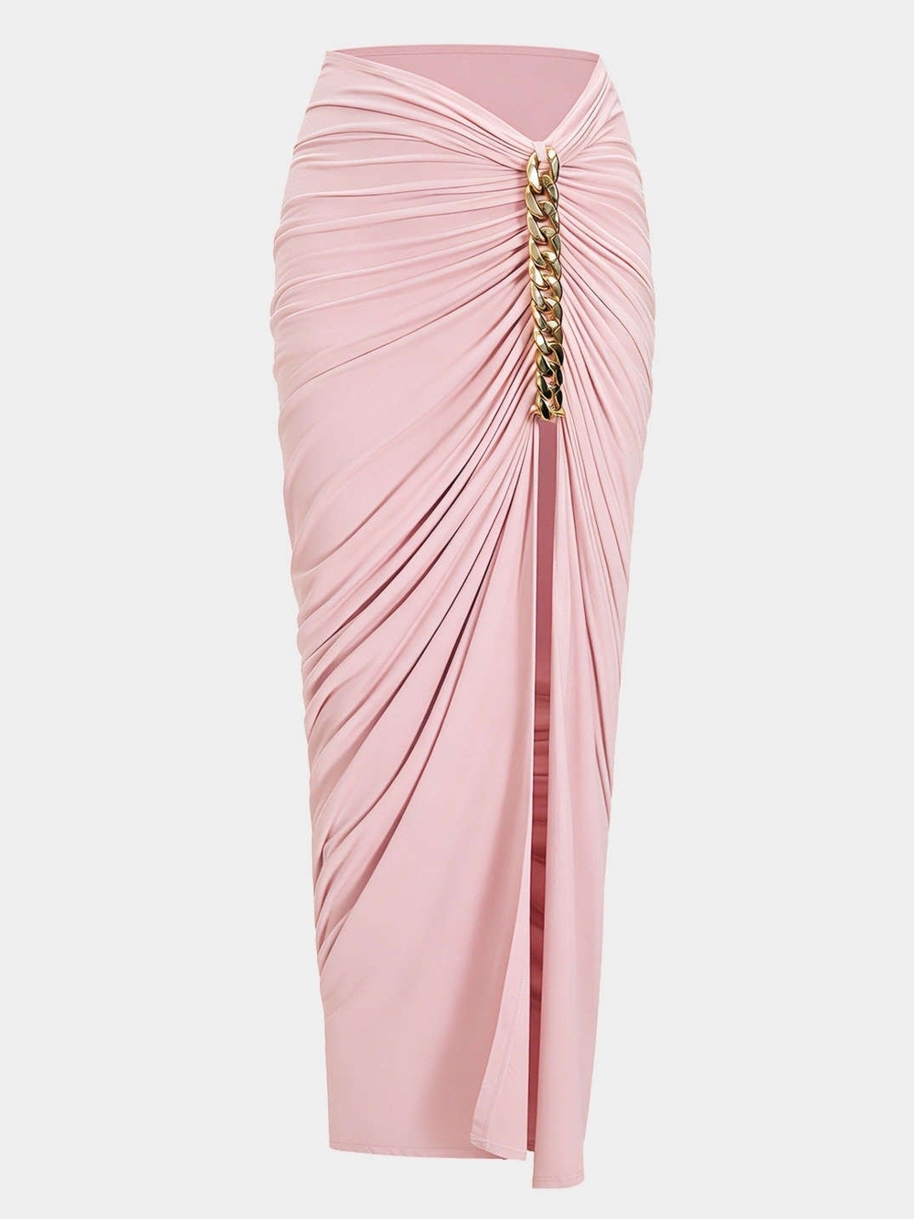 Micas Elegant Pink Ruched Chain-Accent Midi Skirt